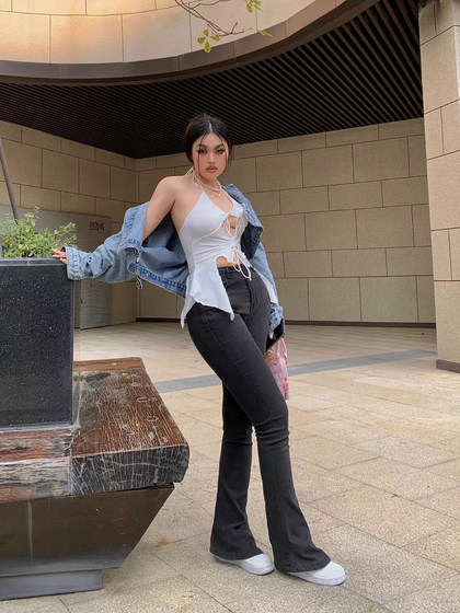 楠哥微胖黑色微喇叭牛仔裤女高腰春夏季大码胖mm紧身显瘦马蹄裤子