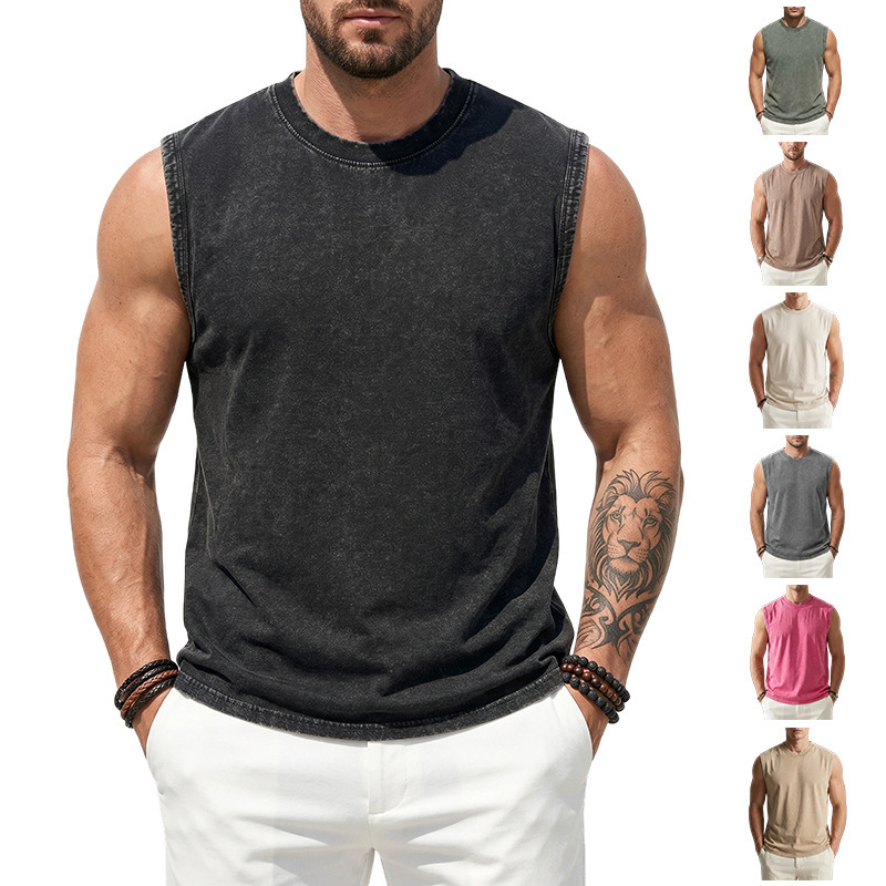 Amazon Cross-Border 230g Pure Cotton Washed Vintage Round Neck Sleeveless T-Shirt Men's American Style Trendy Brand Vest Wholesale