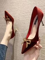 2022 spring new temperament elegant silk satin pointed water drill butterfly knot high heel shoe style girl fine heel single shoes