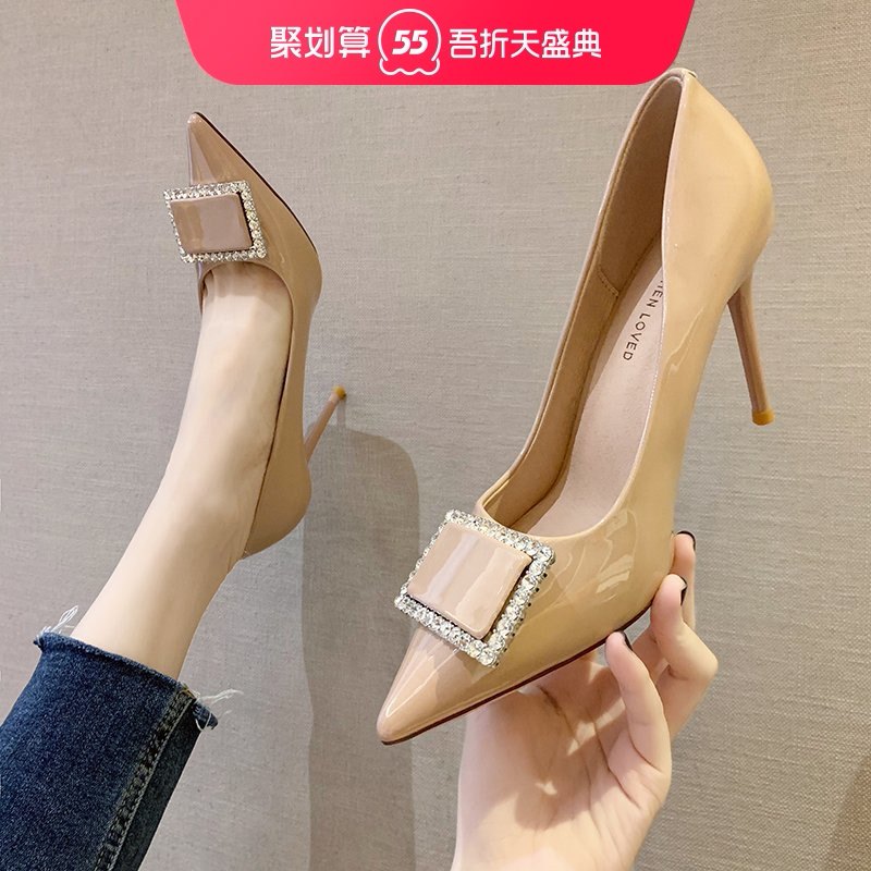 High heels 2021 new item wild French girl pointed sexy thin heel rhinestone square buckle professional shoes black