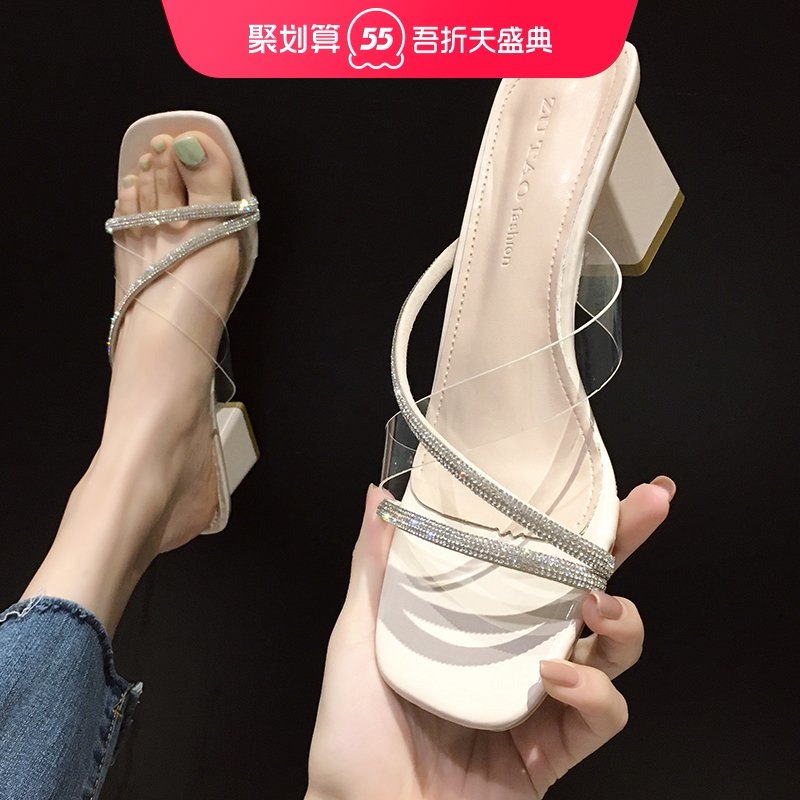 Transparent slotted slipper women 2021 spring new item net red rhinestone thick heel high heels wild sandals worn outside