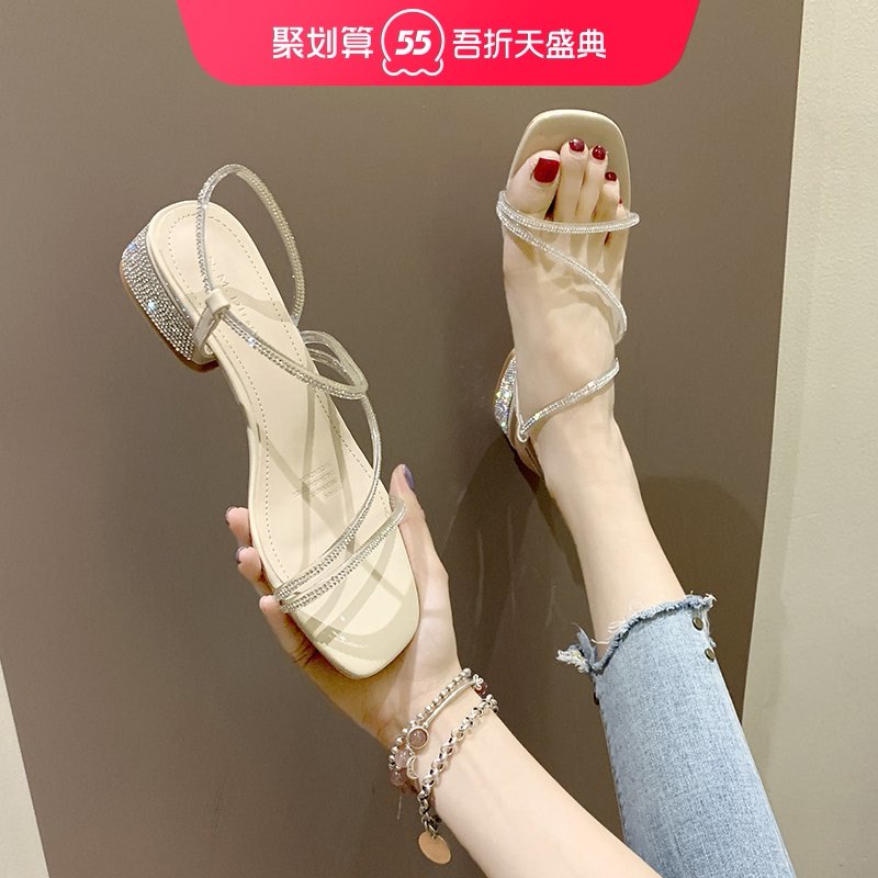 Fashion sandals women 2021 spring new Korean fairy style fashion wild rhinestone net red heel thick heel womens shoes