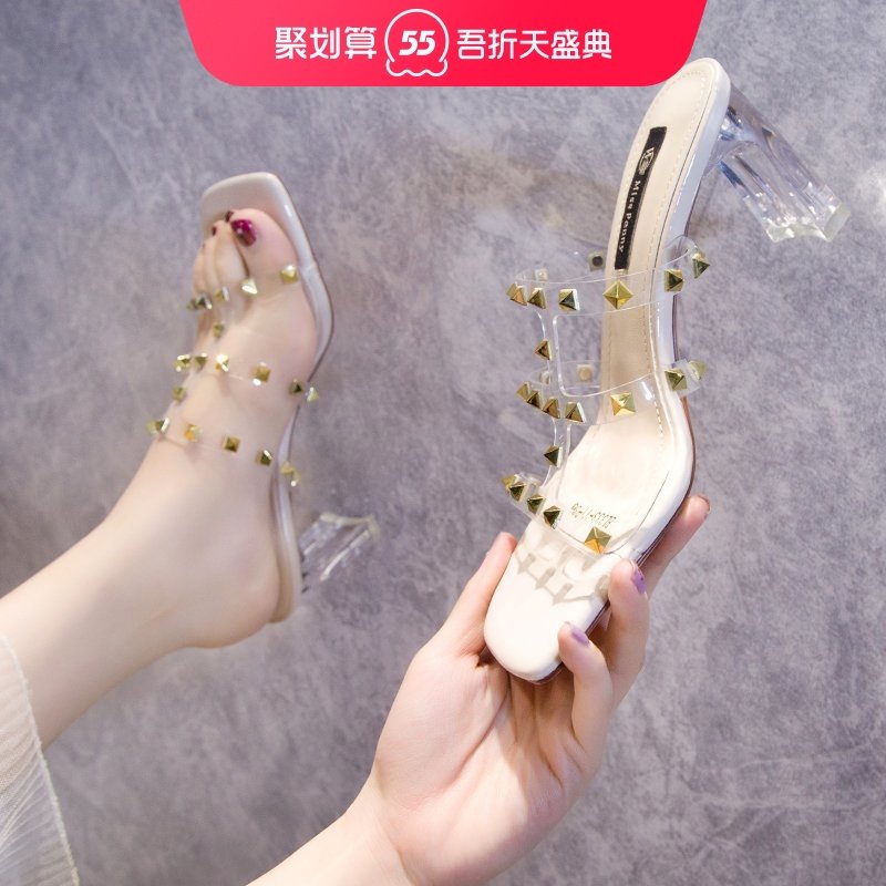 Square head slippers women 2021 new summer wear fashion rivets transparent crystal thick heeled high-heeled open-toed word drag
