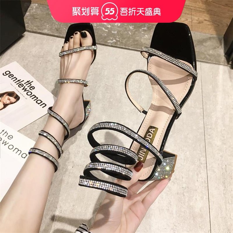 Serpentine winding sandals women 2021 new summer fashion wild thick heel net red fairy feng shui diamond fashion shoes