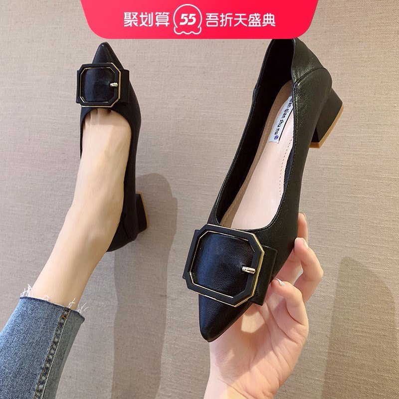 Grandma shoes womens shallow mouth womens single shoes 2021 new item in the heel womens shoes wild soft leather pointed Korean version of high heels thick heel