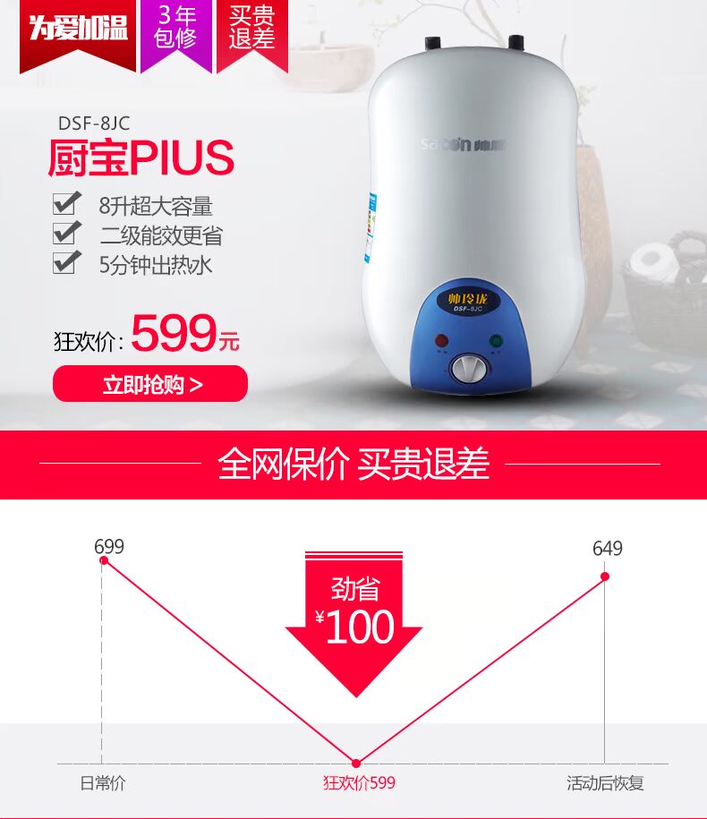 giá bình nóng lạnh ariston 30l Nhà bếp nhỏ nóng ngay lập tức Sacon / Shuai Khang DSF-8JC 8 lít nước dưới bếp và máy nước nóng điện máy nước nóng năng lượng mặt trời điện máy xanh