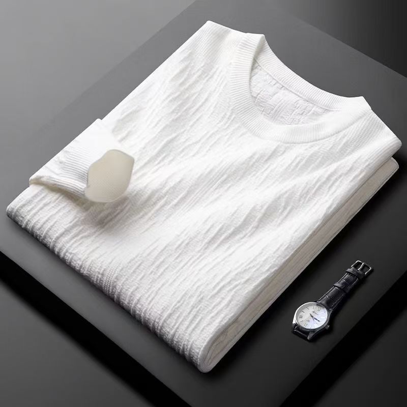 High-End New Solid Color Jacquard Knit Sweater for Men 2025 Autumn and Winter Casual Trendy Round Neck Versatile Long-Sleeve Base Shirt