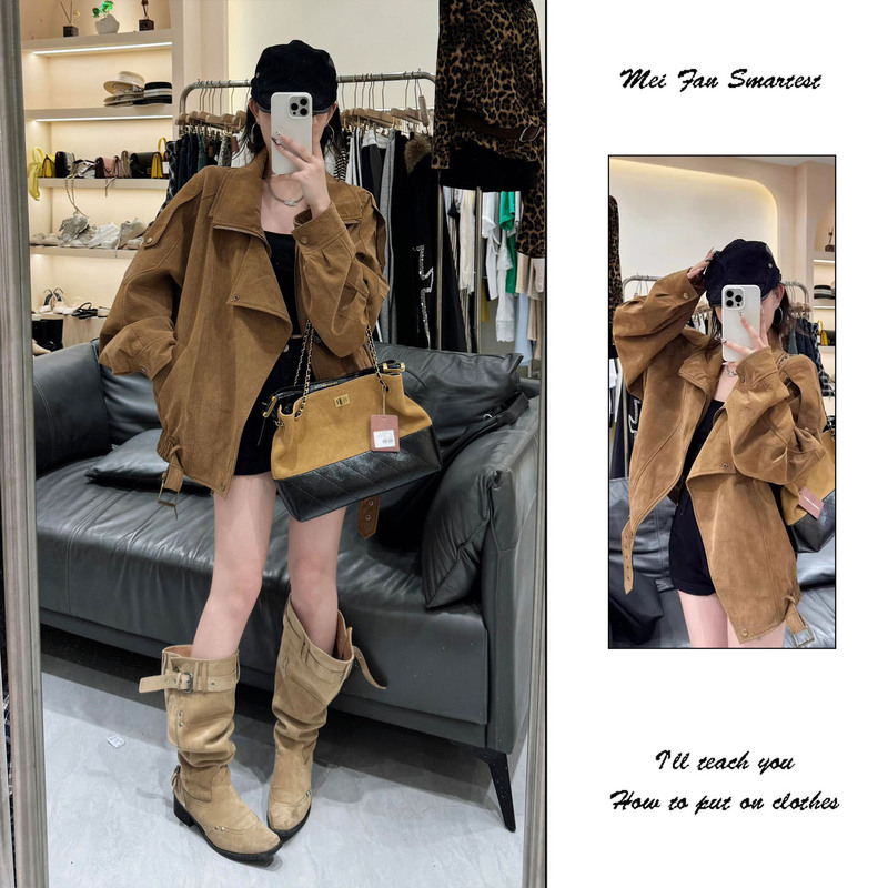 American Retro Brown Suede Asymmetrical Jacket for Women 2026 Autum New High-End Casual Age-Reducing Jacket