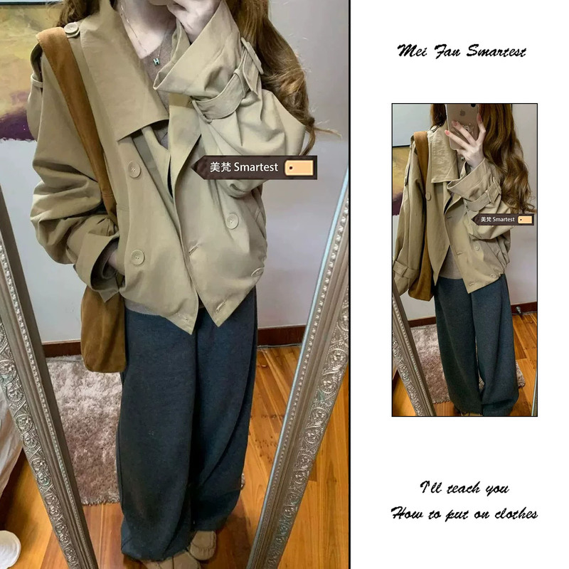 Casual Khaki Trench Coat for Women, 2026 Spring and Autumn Short Style, Fashionable and High-End Korean Style Jacket Top