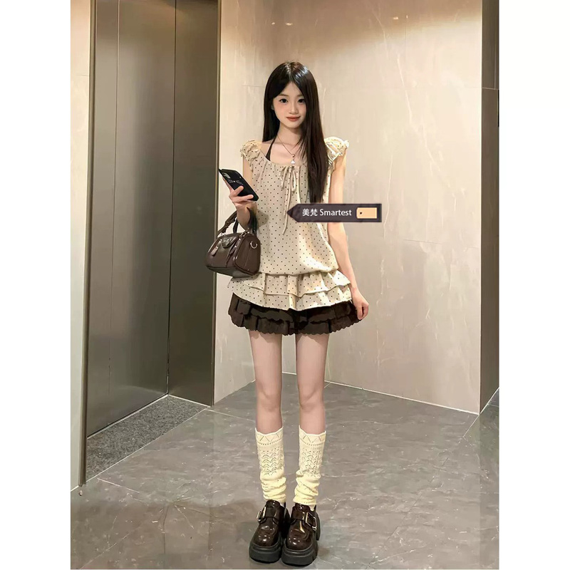 Summer Outfit Set Polka Dot Bow Sleeveless Top Women's Sweet Coffee Color Cake Skirt Two-Piece Set Summer Outfit Set Polka Dot Bow Sleeveless Top Women's Sweet Coffee Color Cake Skirt Two-Piece Set