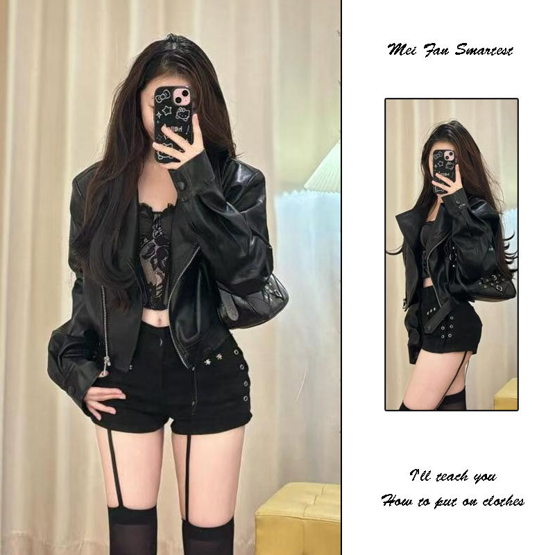 アメリカンスタイルのセクシーなレザージャケット（女性用）、2026年秋の新作、ニッチなデザイン、ショートジッパーのモーターサイクルジャケットトップ
