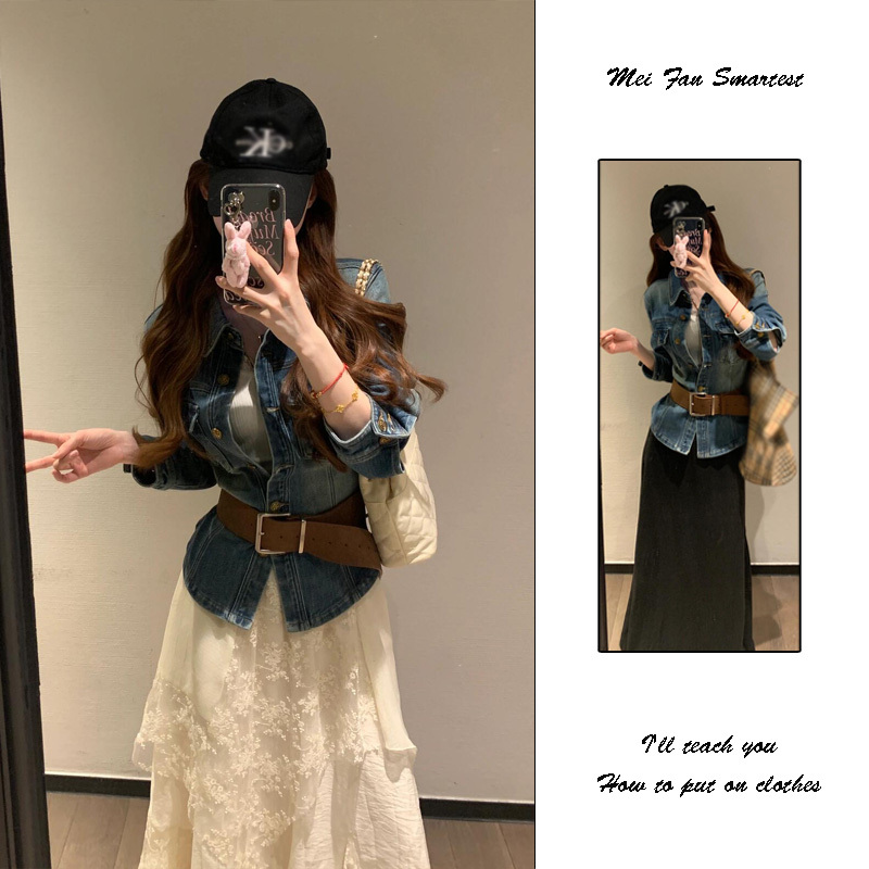 Hong Kong Style Retro Straight Shoulder Slim Waist Denim Jacket for Women Early Spring 2026 New Design Long-Sleeved Shirt Top