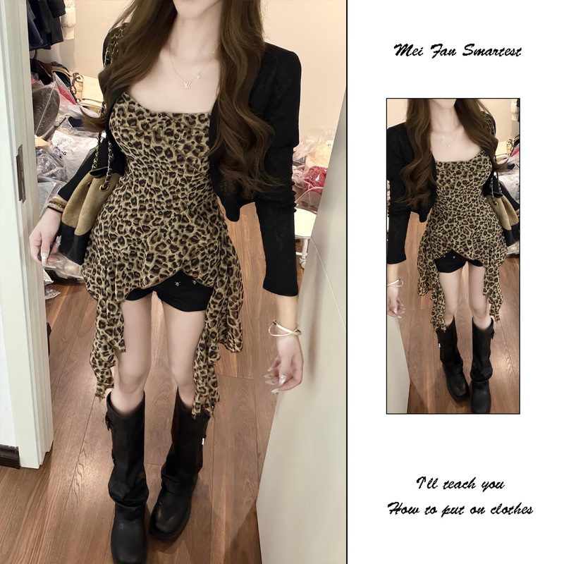 Trendy Irregular Leopard Print Dress for Women, Summer Hot Style, Designer Waist-Cinching Spaghetti Strap Dress Trendy Irregular Leopard Print Dress for Women, Summer Hot Style, Designer Waist-Cinching Spaghetti Strap Dress