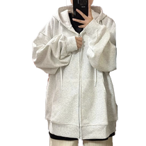 White grey cardiovert sweatshirt female spring autumn 2023 new oversize loose and thin jacket with velvety jacket