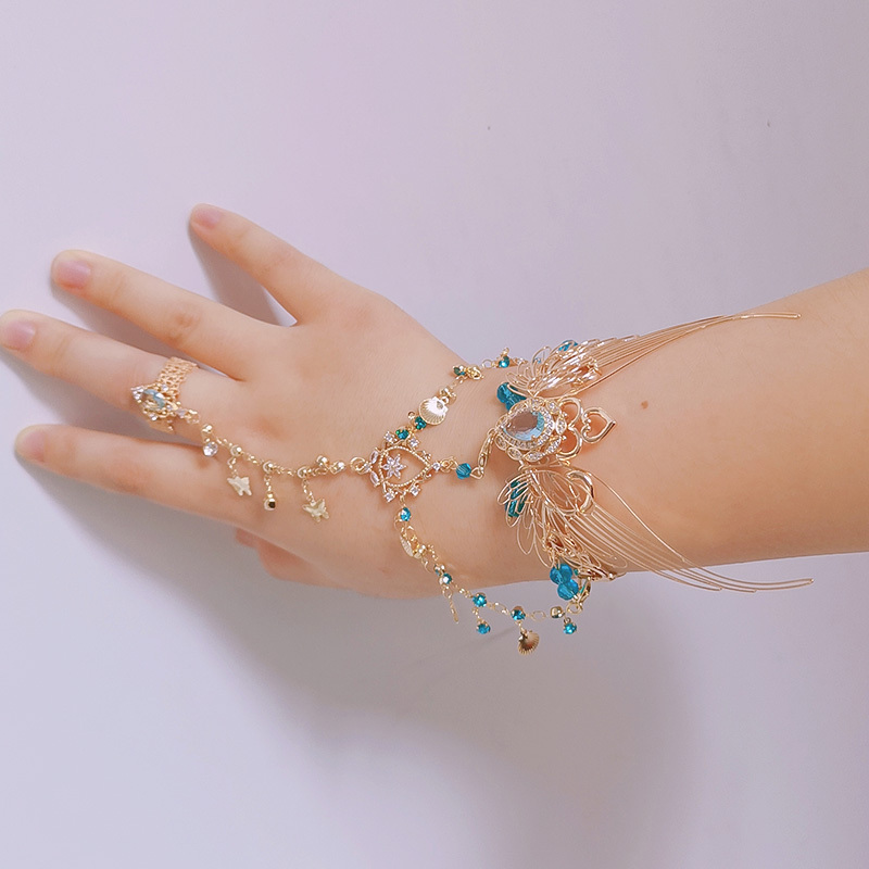 Exotic Style Bracelet, Lake Blue Integrated Bracelet and Ring, Western Style Jewelry, Dunhuang, Banna, Luoyang Photo Accessories for Women