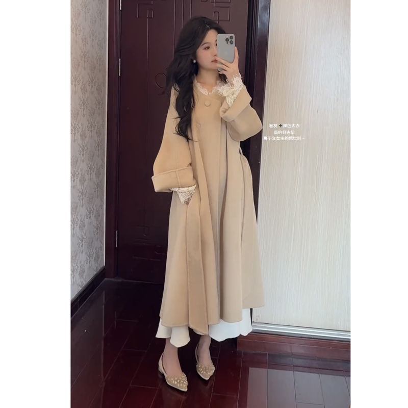 Khaki Double-Sided Wool Coat for Women, High-End Wool, Petite Size, 2025 Mid-Length Autumn and Winter Woolen Coat for Women