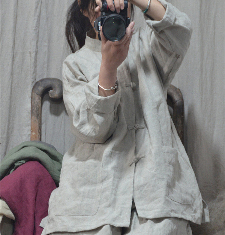 Spring cotton and linen stand-up collar literary Chinese long-sleeved tops Hemp retro handmade buttoned cardigan jackets tea clothes