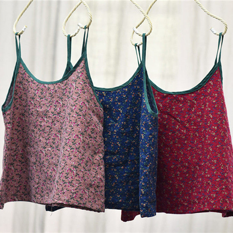 Cotton brushed printed camisole women's summer outer wear literary retro small floral short sleeveless bottoming top