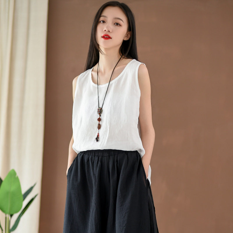 Pure hemp vest, solid color, versatile bottoming shirt, white suspenders, summer cotton and linen literary loose sleeveless top