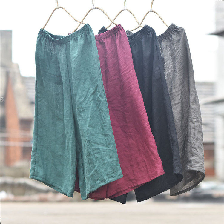 Summer casual thin linen straight-leg pants literary casual wide pants loose cotton and linen retro wide-leg pants nine-point pants