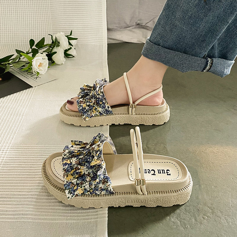 High Quality Upgrade Flower BlueInternet celebrity With skirt Sandals female summer Fairy wind 2021 new pattern fashion student Thick bottom ins tide Muffin Flat shoes