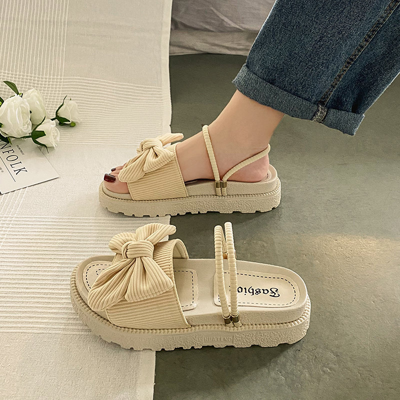 Upgraded Bow BeigeInternet celebrity With skirt Sandals female summer Fairy wind 2021 new pattern fashion student Thick bottom ins tide Muffin Flat shoes