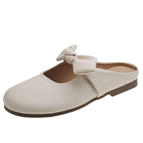 Женские тапочки с плоским дном и носком, слипоны для верхней одежды, слипоны с французским бантом в новом стиле лета 2025, полуслипоны.