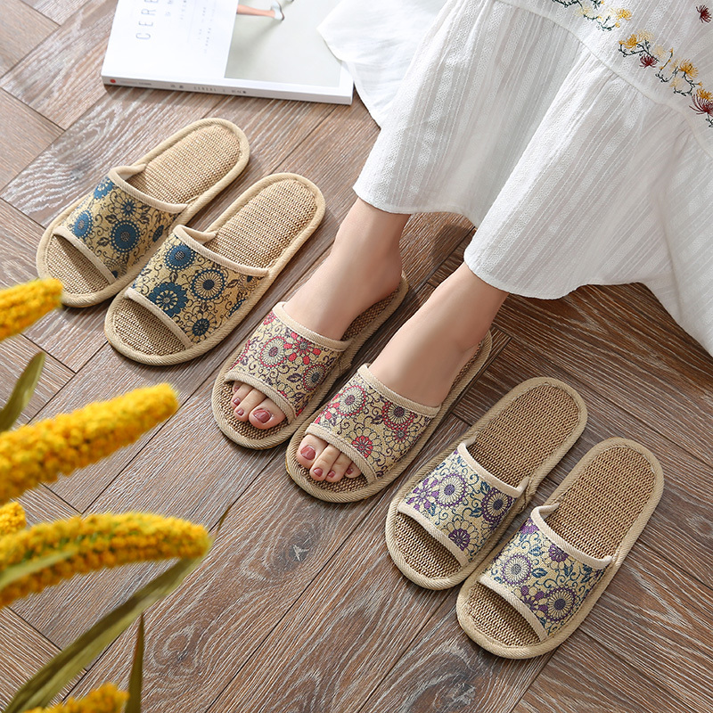 Chinese Style Home Slippers for Women, Summer Cotton and Linen Indoor Floor Non-Slip Thick-Soled Household Linen Slippers for Men, Soft-Soled