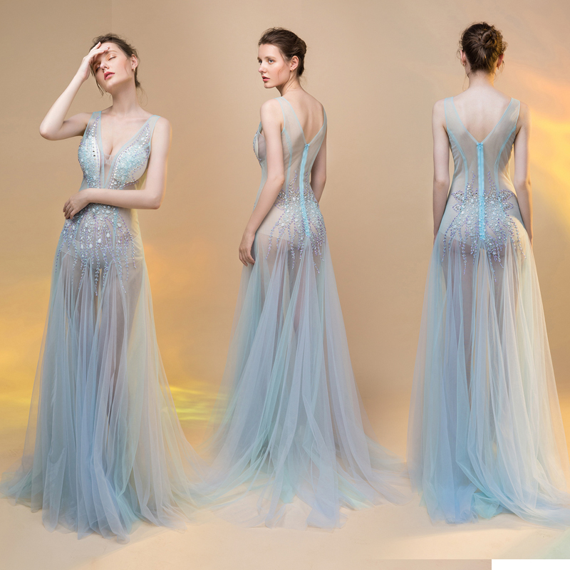 Deep V Low-Cut Mesh See-Through Seam Diamond Beading Sequins Floor-Length Fishtail Long Skirt Evening Dress Nightclub Stage Catwalk Clothing