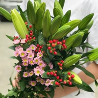 10 случайных лилий + 3 розовые ромашки + красная фасоль