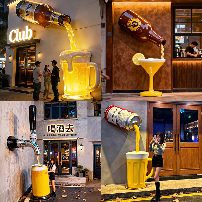 Fiberglass Simulated Beer Glass Sculpture Model for Mall Display, Outdoor Luminous Decoration, Popular Photo Spot Prop