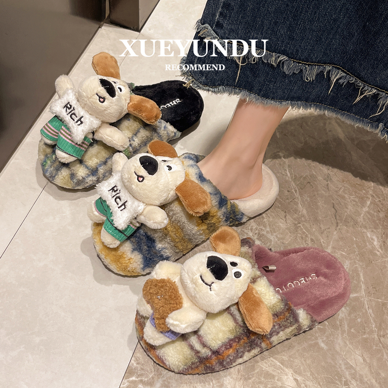 Fashionable Plaid Fleece-Lined Warm Non-Slip Closed-Toe Slippers for Women, Suitable for Outdoor Wear, 2025 Autumn and Winter New Cotton Slippers, Furry Shoes