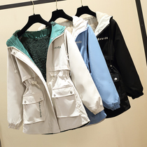 Large size autumn and winter cotton coat plus velvet coat Fat sister thin medium and long fur one-piece hooded quilted jacket Parker service woman