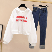 Large size sweater womens 2021 autumn new fat sister fashion letter printing thin age reduction hooded long-sleeved top
