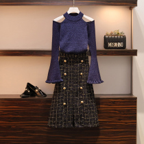 2021 autumn new mini fat sister plus size sexy off-the-shoulder top thin meat cover high-end dress two-piece set