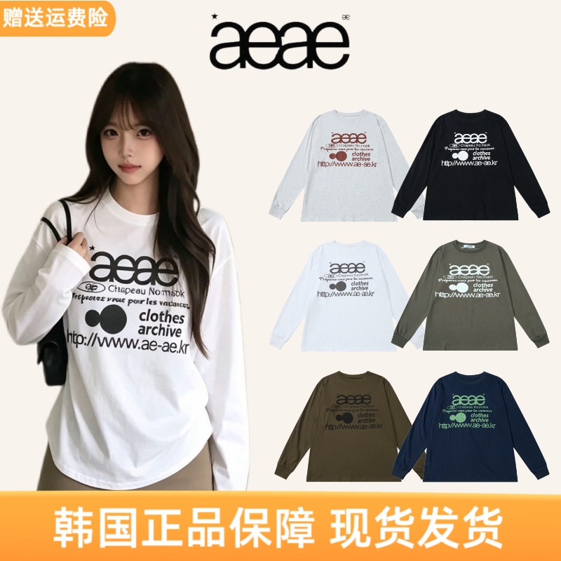 [Authentic Korean Product] Aeae Long-Sleeved T-Shirt for Women, Spring and Autumn, Letter Print, Loose Round Neck, Couple Style, Base Layer Top