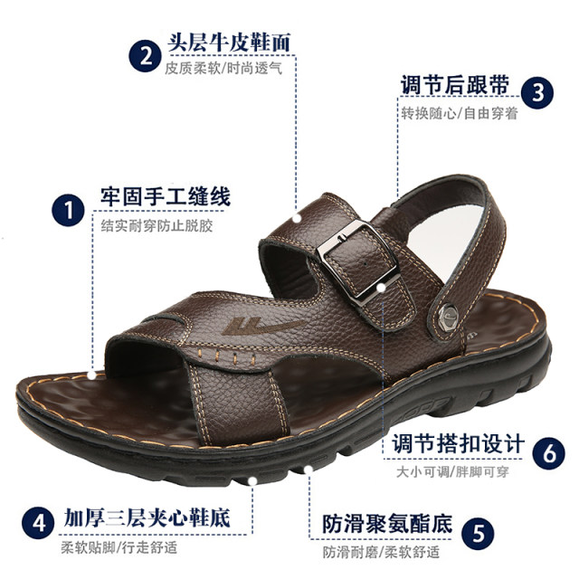 Pull-back Sandals Men's 2024 Summer New Casual Shoes Beach Shoes Genuine Leather Thick Sole Anti-Slip Dad Dual-Purpose Sandals and Slippers