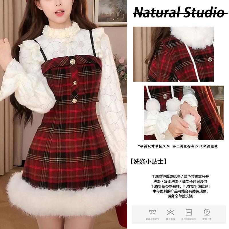 Crimson Winter Appointment Autumn/Winter New French Sweet Style Retro Red Plaid Suspender Dress Sweet Cape Christmas Set Crimson Winter Appointment Autumn/Winter New French Sweet Style Retro Red Plaid Suspender Dress Sweet Cape Christmas Set