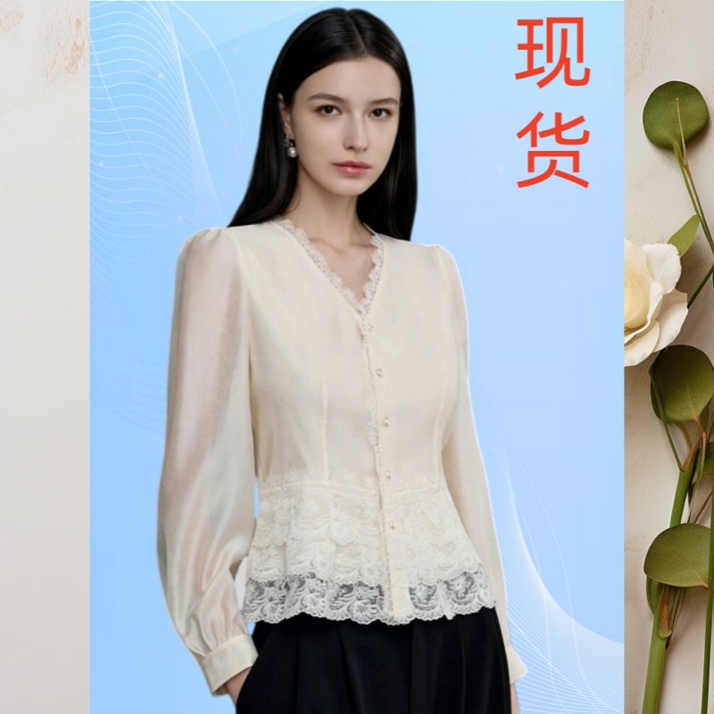 The Same Style as the Mall's Kesi Yin 26 Autumn New Collection, French V-Neck Lace Patchwork Shirt, Vintage Elegant and Luxurious Top