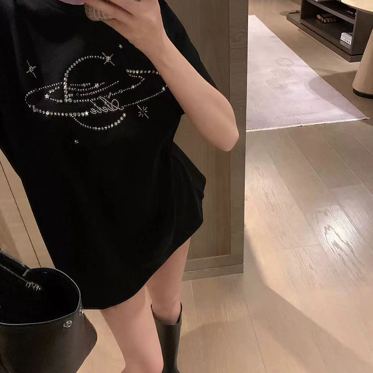 2026 Summer New Heavy Embellished Sparkling Planet Rhinestone Short Sleeve T-Shirt for Women, Loose Mid-Length Base Shirt Top Trendy