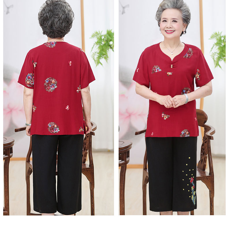 Bà đầm tuổi trung niên mặc váy bà mẹ cổ tròn thêu tay ngắn hai dây quần áo cũ - Quần áo của mẹ áo sơ mi nữ trung niên đẹp
