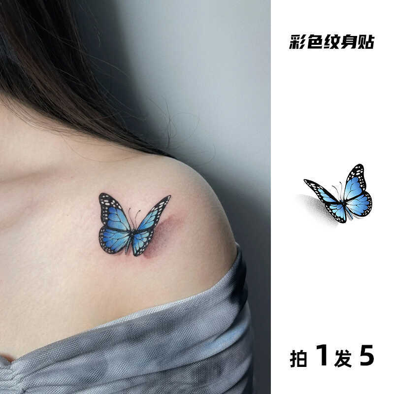 5 Pieces of 3D Stereo Butterfly Blue Tattoo Stickers for Collarbone and Shoulder, Realistic, Long-Lasting, Waterproof, High-End, Niche, Beautiful and Trendy