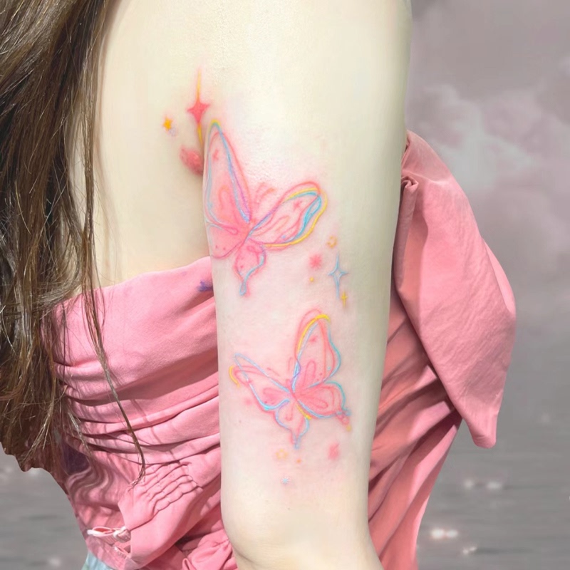 4 Pieces of Fairy Pink Butterfly Sweet Cool Style Waterproof Tattoo Stickers for Women, Long-Lasting, Colorful, for Waist, Abdomen, and Arms, Fresh Style