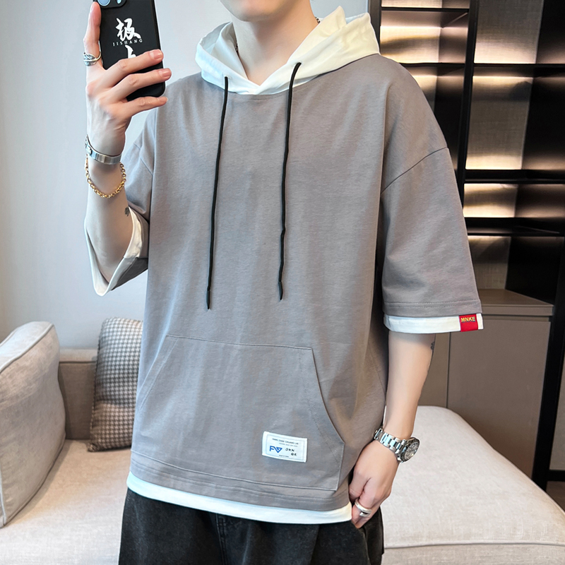 Hooded Short-Sleeve T-Shirt for Men, New Summer Trendy Five-Quarter Sleeve Cotton Top, Half-Sleeve Fashion Brand Sweatshirt