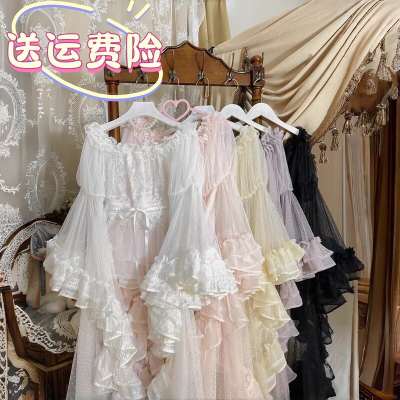 Butterfly Feather Sleeve Lolita Mesh Dot Lace Off-Shoulder Lace Trim Shirt Cla Fairy Style Inner Layer a