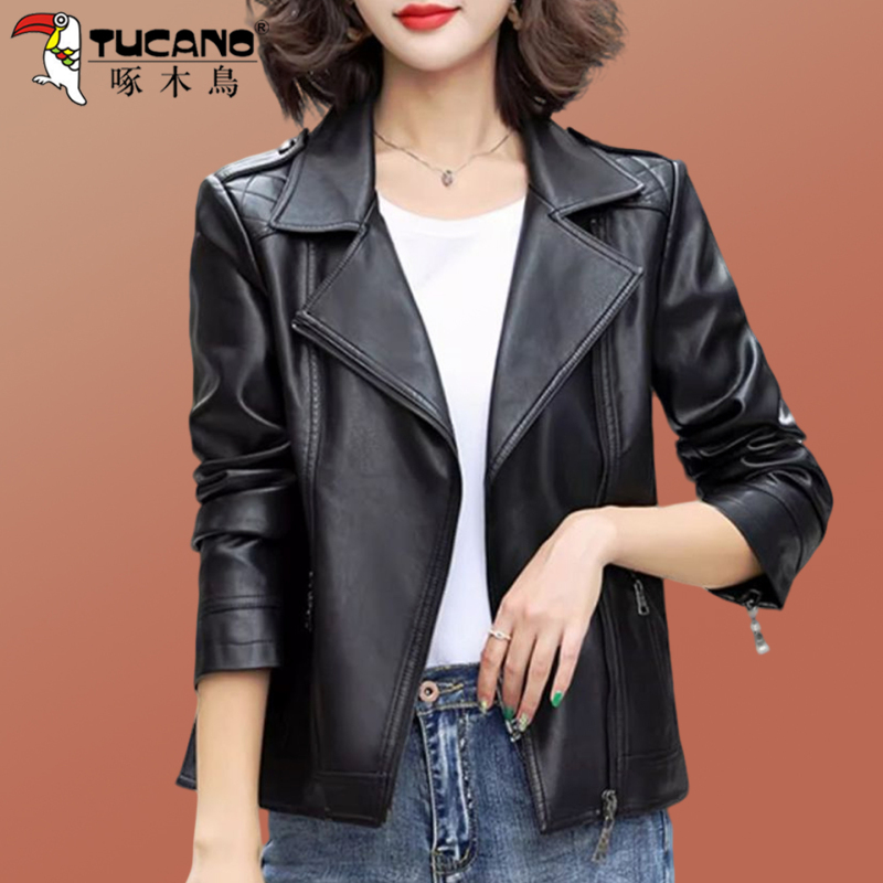Woodpecker Leather Jacket for Women 2026 New Style Mom's Autumn Fashion Short Coat Pu Leather Turn-Down Collar Black Leather Jacket
