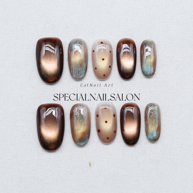 【Amber Exquisite】Handmade Wearable Nails with a High-End Feel, Autumn and Winter Melard Polka Dot Gradient Cat Eye Nail Art Stickers 【Amber Exquisite】Handmade Wearable Nails with a High-End Feel, Autumn and Winter Melard Polka Dot Gradient Cat Eye Nail Art Stickers