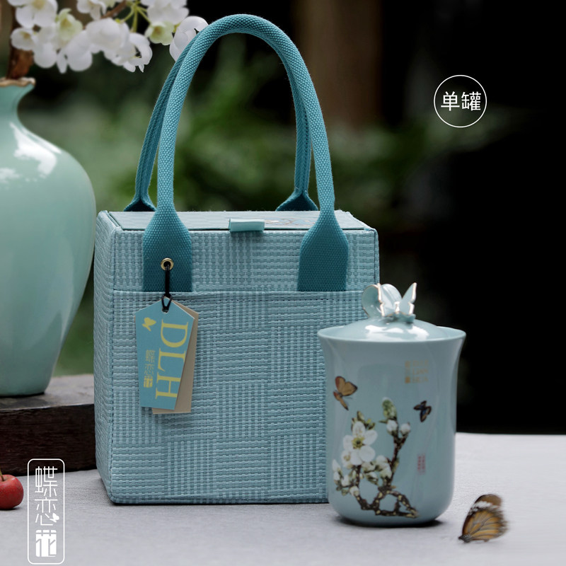 Creative High-end Ceramic Jar Tea Packaging Box Empty Gift Box Green Tea Grand Folongjing Universal Packaging Butterfly Romance Flower Empty Box