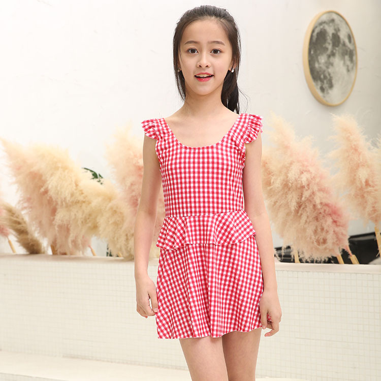 Bộ đồ bơi trẻ em kẻ sọc 8-12 tuổi màu đỏ kẻ sọc bé gái chia đôi váy công chúa áo tắm - Bộ đồ bơi của Kid đồ bơi liền thân cho bé gái