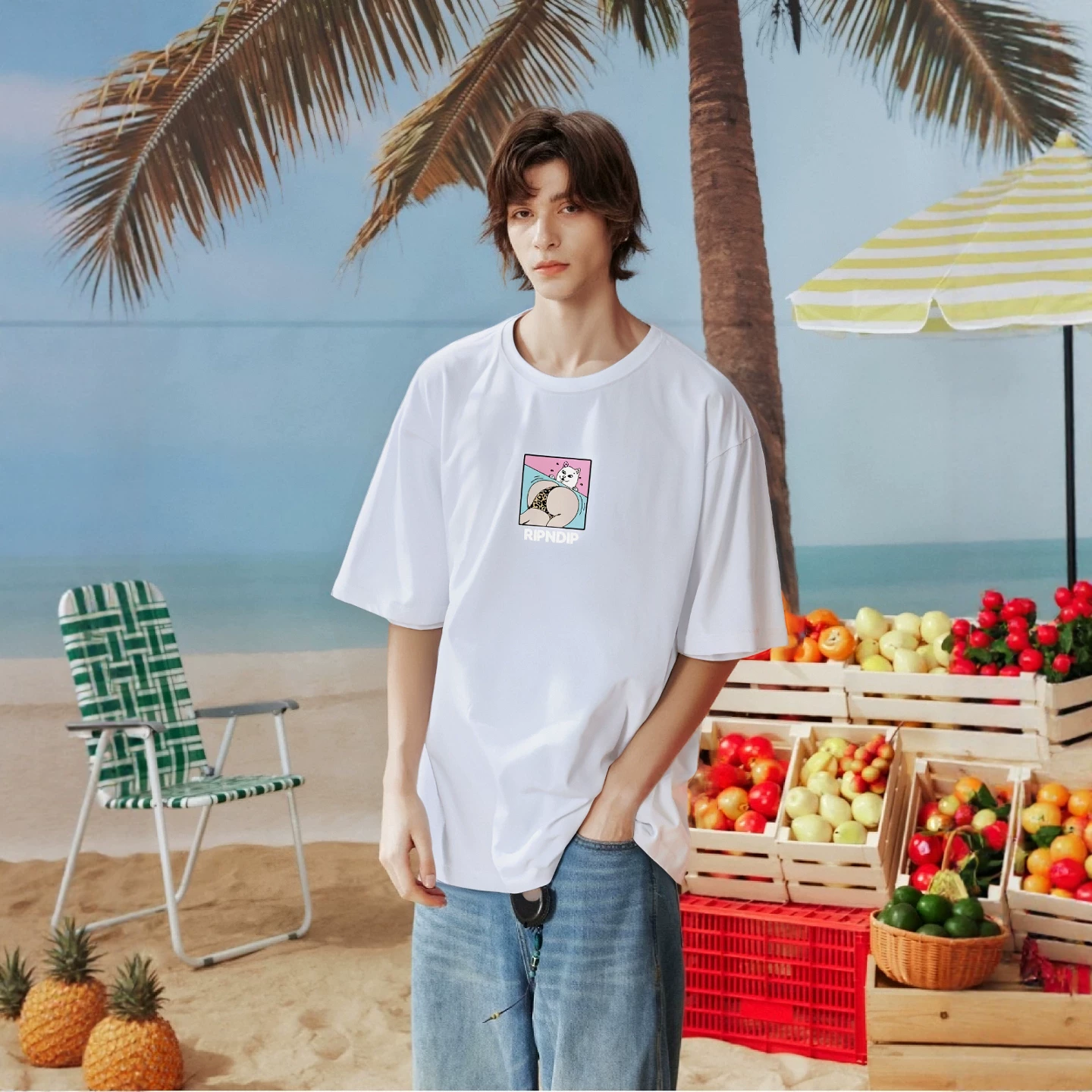 Футболка с коротким рукавом RIPNDIP Middle Finger Cat American Cotton Spoof PEACHES Peaches and Cats для мужчин и женщин, пара